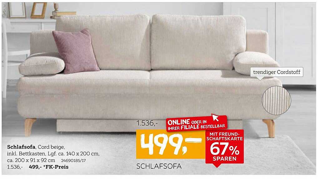 Schlafsofa Cord beige inkl. Bettkasten