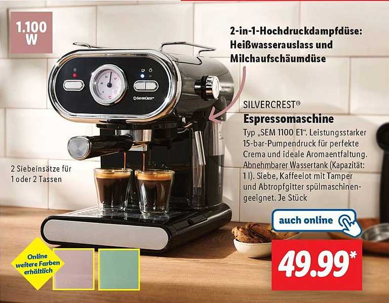 SL Silvercrest® Espresso-Maschine 2-in-1 mit Hochdruckdampf- und Milchschaumdüse