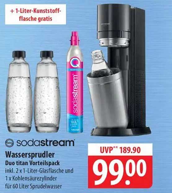 SodaStream Wassersprudler Duo titan Vorteilspack inkl. 2 x 1-Liter-Glasflasche und 1 x Kohlensäurezylinder für 60 Liter Sprudelwasser