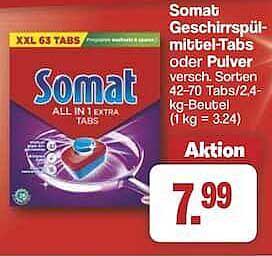 Somat Geschirrspülmittel-Tabs oder Pulver, 63 Tabs oder 2 kg Beutel