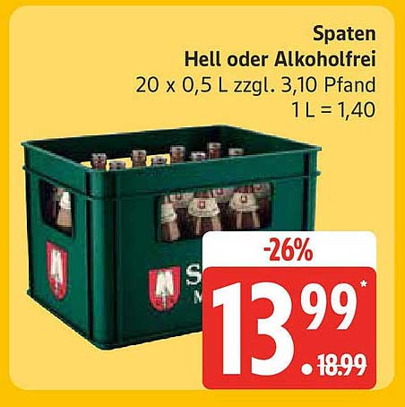 Spaten Hell oder Alkoholfrei 20 x 0,5 L zzgl. 3,10 Pfand