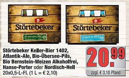 Störtebeker Keller-Bier 1402, Atlantik-Ale, Bio-Übersee-Pils, Bio Bernstein-Weizen alkoholfrei, Hanse-Porter oder Nordisch-Hell 20x0,5-L-Fl.