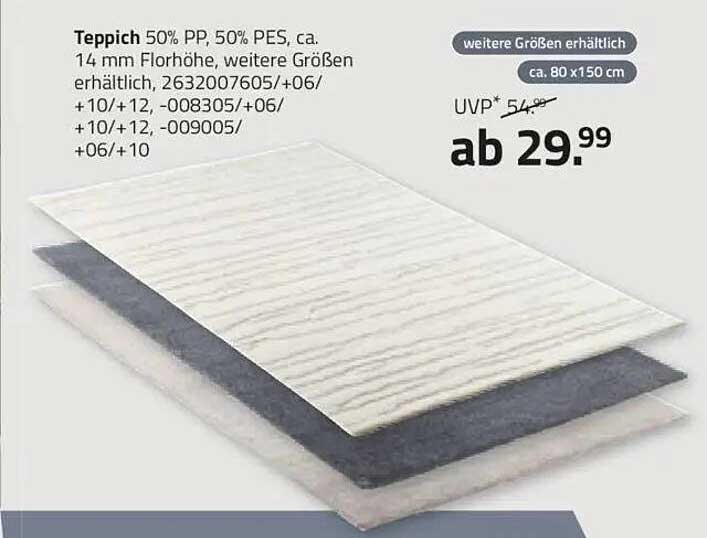 Teppich 50% PP, 50% PES, ca. 14 mm Florhöhe