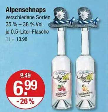 Alpenschnaps verschiedene Sorten 35 % – 38 % Vol. je 0,5-Liter-Flasche