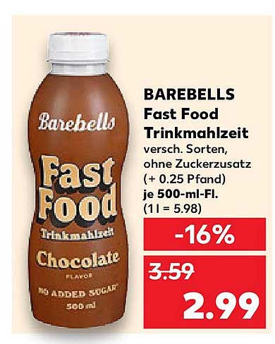 BAREBELLS Fast Food Trinkmahlzeit - verschiedene Sorten, ohne Zuckerzusatz