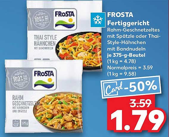 FROSTA Fertiggericht Rahm-Geschnetzeltes mit Spätzle oder Thai-Style-Hähnchen mit Bandnudeln 375-g-Beutel