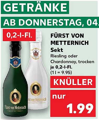 FÜRST VON METTERNICH Sekt Riesling oder Chardonnay, trocken 0,2-l-Fl.