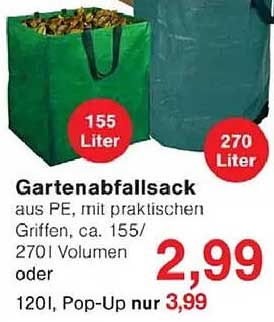 Gartenabfallsack aus PE, mit praktischen Griffen, ca. 155/270 Liter Volumen