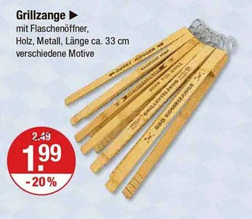 Grillzange mit Flaschenöffner, Holz, Metall, Länge ca. 33 cm - verschiedene Motive
