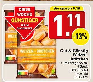 Gut & Günstig Weizenbrötchen, 8 Stück, 560g Beutel