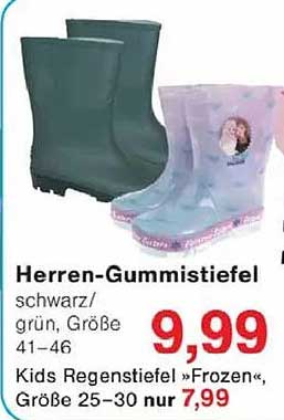 Herrengummi-Stiefel in Schwarz/Grün, Größe 41-46 und Kinder-Regenstiefel 'Frozen', Größe 25-30