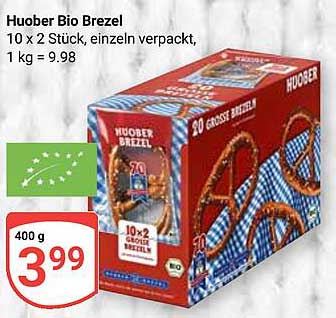 Huober Bio Brezel 10 x 2 Stück, einzeln verpackt, 400 g für 3,99 €