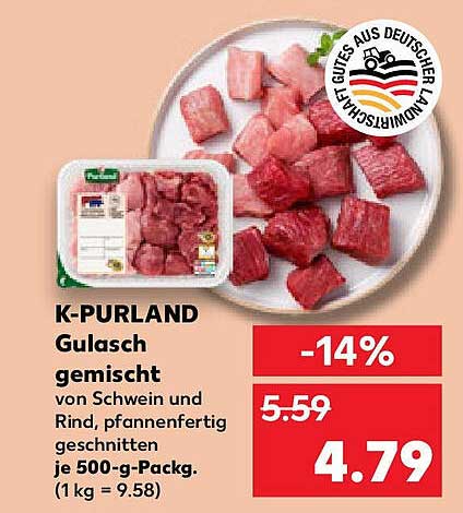 K-PURLAND Gulasch gemischt von Schwein und Rind, pfannenfertig geschnitten