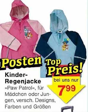 Kinder-Regenjacke »Paw Patrol« für Mädchen oder Jungen, verschieden Designs, Farben und Größen