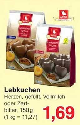 Lebkuchen Herzen, gefüllt, Vollmilch oder Zartbitter, 150g