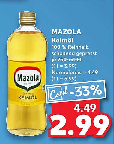 Mazola Keimöl 100 % Reinheit, schonend gepresst, 750 ml für nur 2,99 €