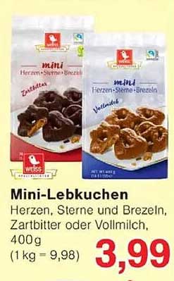 Mini-Lebkuchen Herzen, Sterne und Brezeln, Zartbitter oder Vollmilch, 400 g