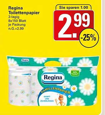 Regina Toilettenpapier 3-lagig - 8x150 Blatt je Packung
