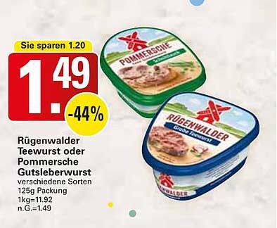 Rügenwalder Teewurst oder Pommersche Gutsleberwurst 125g Packung