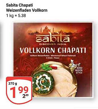 Sabita Chapati Weizenfladen Vollkorn 370 g