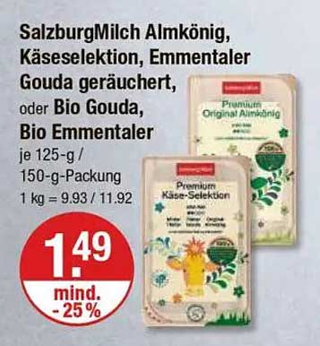 SalzburgMilch AlmKönig, Käse-Selektion, Emmentaler Gouda geräuchert, oder Bio Gouda, Bio Emmentaler
