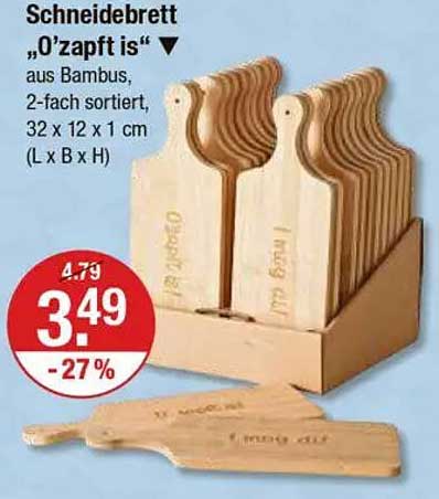 Schneidebrett „O’zapft is“ aus Bambus, 2-fach sortiert, 32 x 12 x 1 cm (L x B x H)