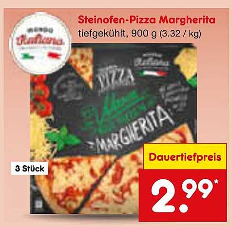 Steinofen-Pizza Margherita, tiefgekühlt, 900 g (3.32 / kg)
