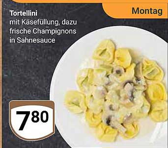 Tortellini mit Käsefüllung, dazu frische Champignons in Sahnesauce