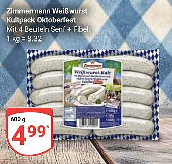 Zimmermann Weißwurst Kultpack Oktoberfest mit 4 Beuteln Senf + Fibel, 600 g