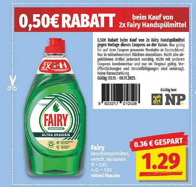 0,50€ Rabatt beim Kauf von 2x Fairy Geschirrspülmittel