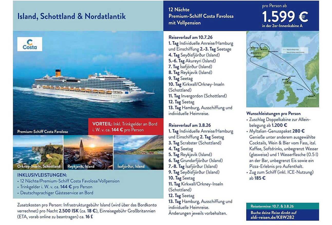 12 Nächte Premium-Schiff Costa Favolosa mit Vollpension - Island, Schottland & Nordatlantik