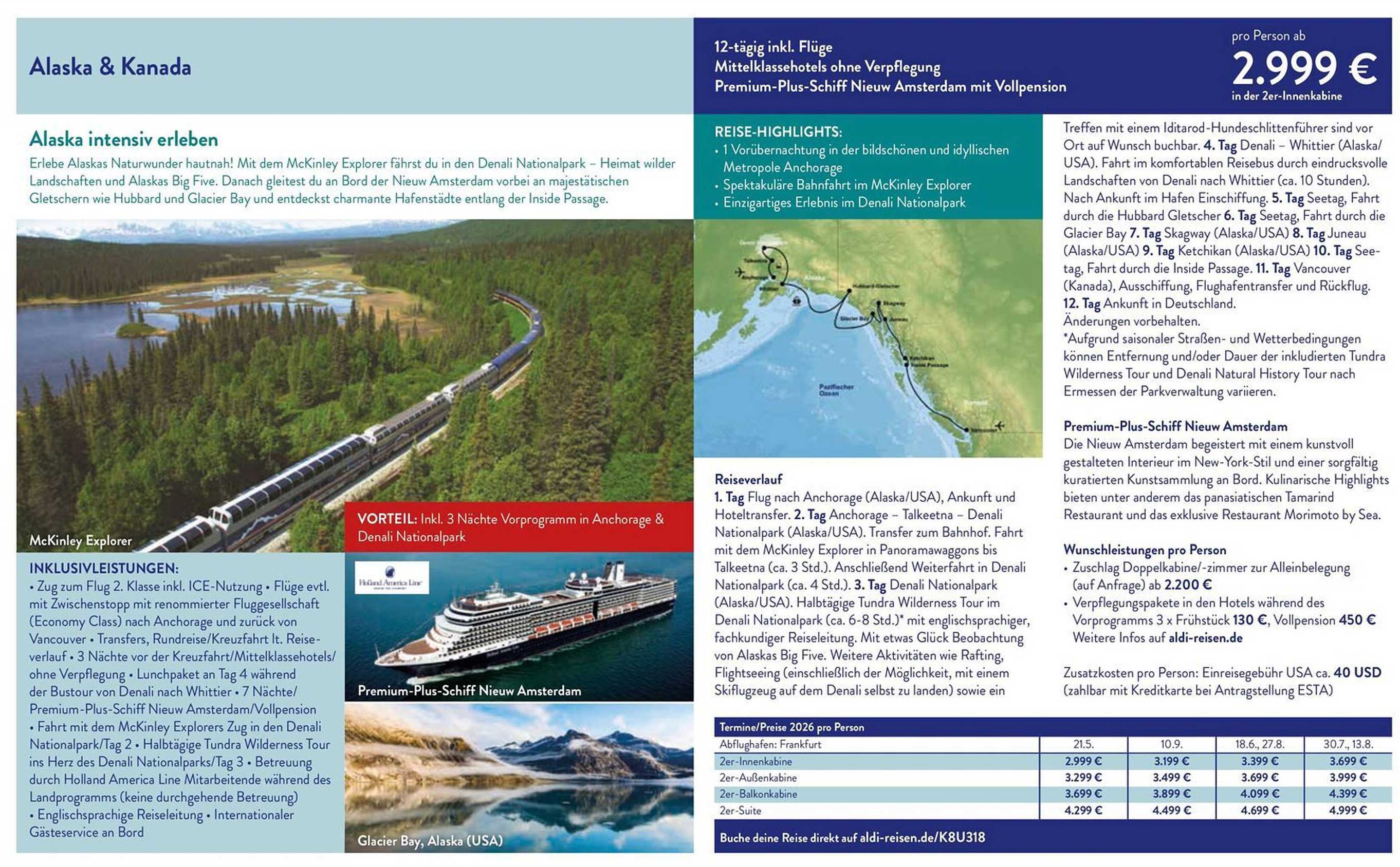 12-tägige Alaska und Kanada Reise inkl. Flüge und Premium-Plus-Schiff Nieuw Amsterdam