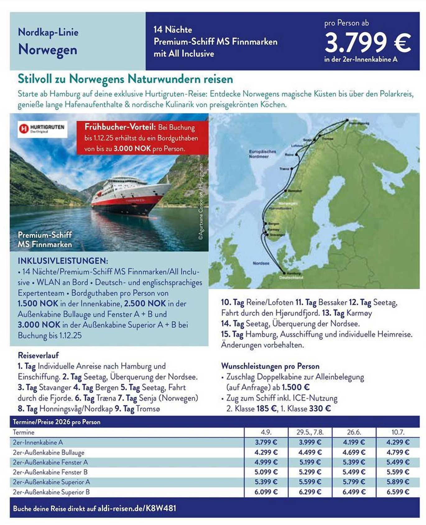 14 Nächte Premium-Schiff MS Finnmarken mit All Inclusive