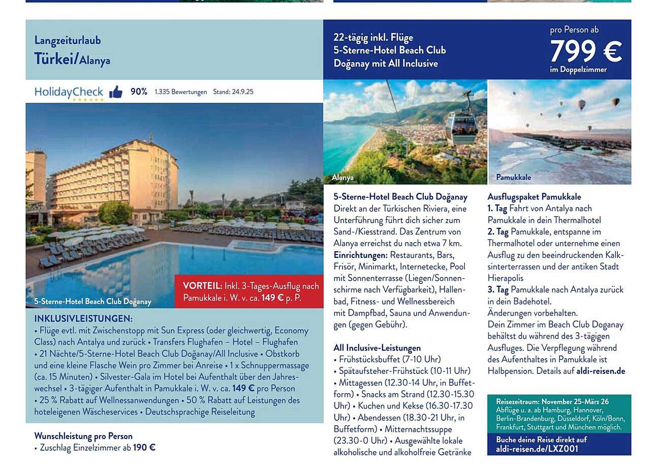 22-tägiger Urlaub im 5-Sterne-Hotel Beach Club Doğanay in Alanya, Türkei