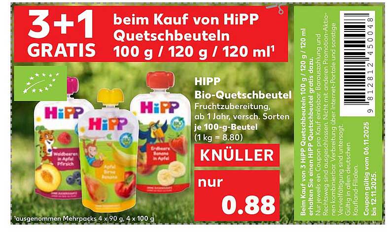 3+1 GRATIS beim Kauf von HiPP Quetschbeuteln 100 g / 120 g / 120 ml