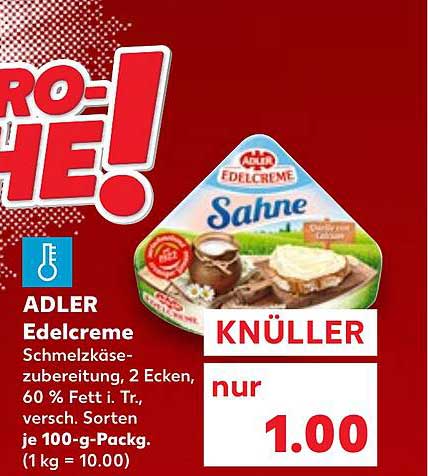 ADLER Edelcreme Schmelzkäserezubereitung, 2 Ecken, 60 % Fett i. Tr., versch. Sorten je 100-g-Pack.