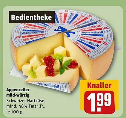 Appenzeller mild-würzig - Schweizer Hartkäse, mind. 48% Fett i.Tr., je 100 g
