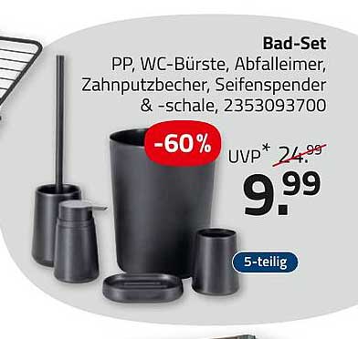 Bad-Set 5-teilig - PP, WC-Bürste, Abfalleimer, Zahnputzbecher, Seifenspender & -schale