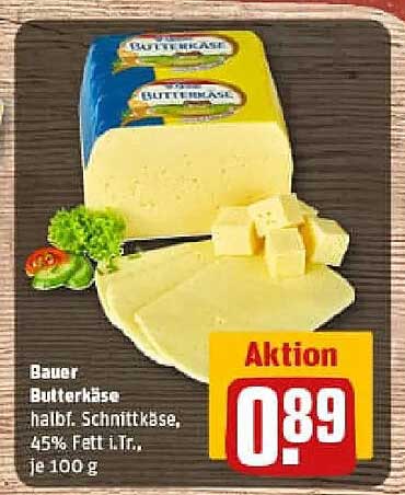 Bauer Butterkäse halbfl. Schnittkäse, 45% Fett i.Tr., je 100 g