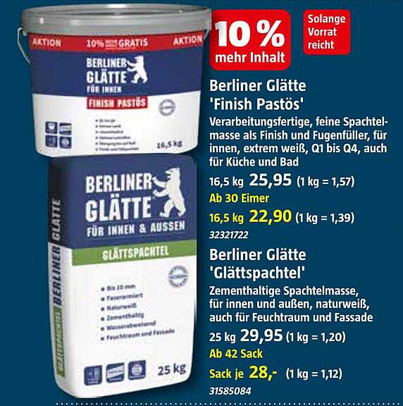 Berliner Glätte 'Finish Pastös' und 'Glättspachtel'