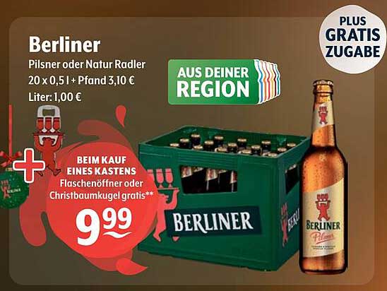 Berliner Pilsner oder Natur Radler 20 x 0,5 l für 9,99 €
