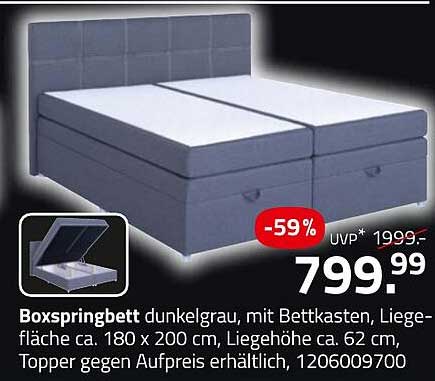 Boxspringbett dunkelgrau mit Bettkasten, Liegefläche ca. 180 x 200 cm, Liegehöhe ca. 62 cm