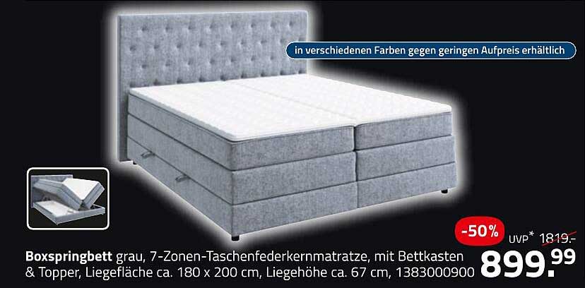 Boxspringbett grau, 7-Zonen-Taschenfederkernmatratze, mit Bettkasten & Topper, Liegefläche ca. 180 x 200 cm, Liegehöhe ca. 67 cm