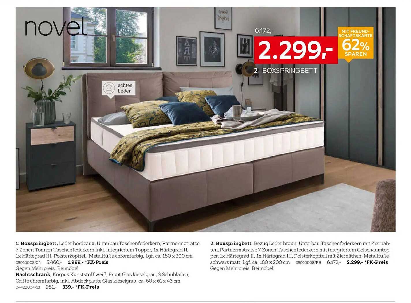 Boxspringbett - Leder bordeaux, Unterbau Taschenfederkern, Partner Matratze