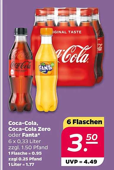 Coca-Cola, Coca-Cola Zero oder Fanta - 6 Flaschen à 0,33 Liter