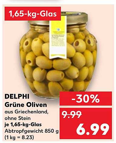DELPI Grüne Oliven aus Griechenland, ohne Stein je 1,65-kg-Glas