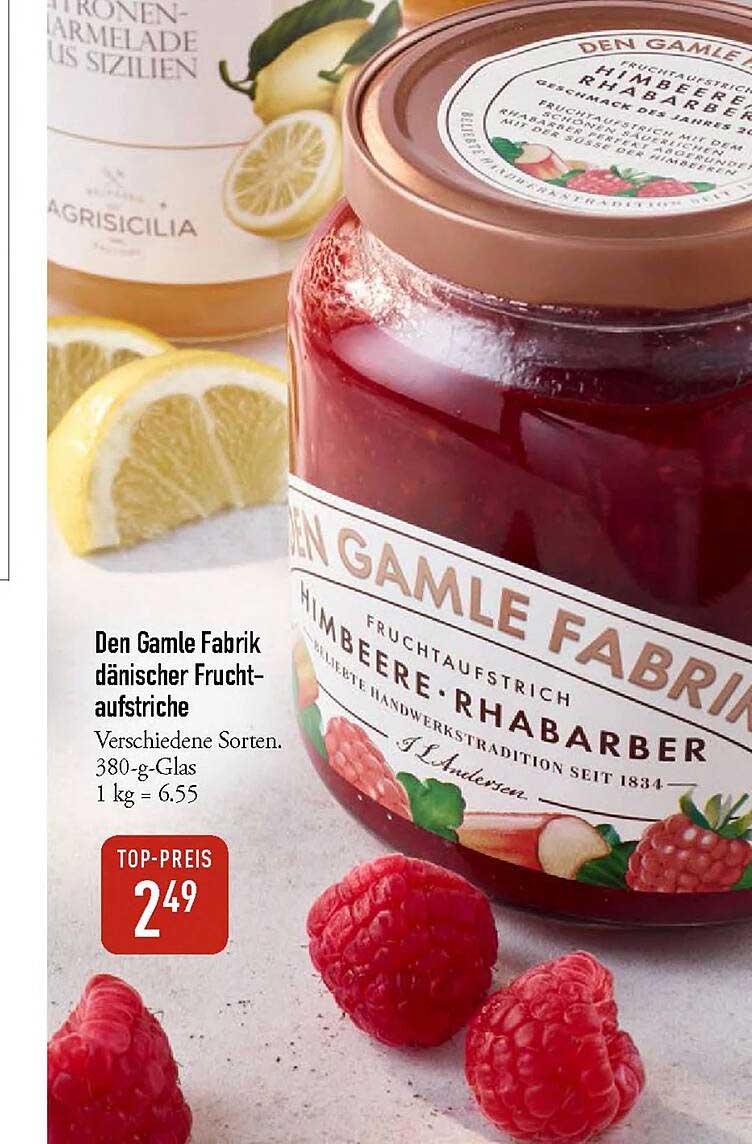Den Gamle Fabrik dänischer Fruchtaufstrich Himbeere-Rhabarber 380-g-Glas