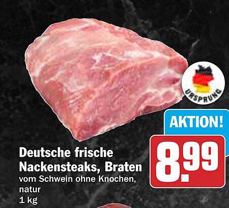 Deutsche frische Nackensteaks, Braten vom Schwein ohne Knochen, natur 1 kg
