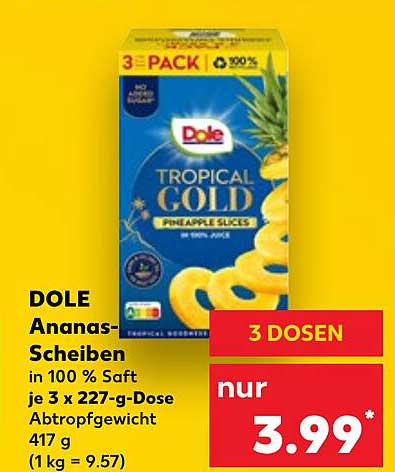 DOLE Ananas-Scheiben in 100 % Saft - 3 x 227-g-Dose