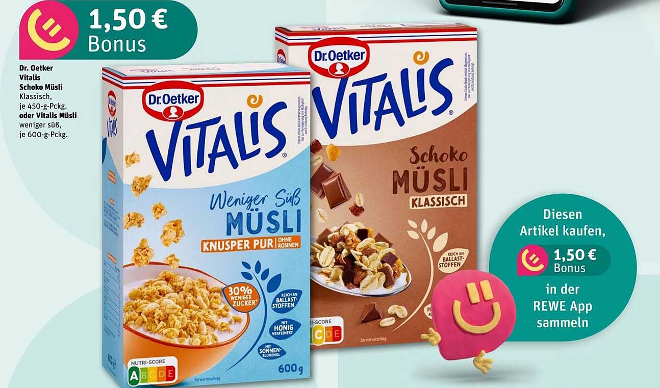 Dr. Oetker Vitalis Schoko Müsli oder Weniger Süß Müsli, je 450-g- oder 600-g-Packung
